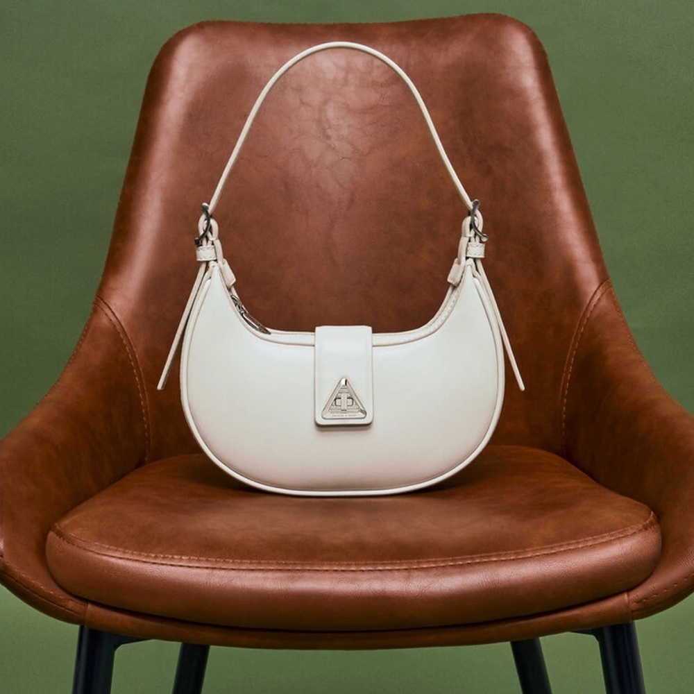 Charles & Keith Trice Metallic-Accent Belted Shoulder Bag - Chalk